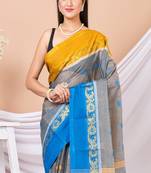 Grey & Multi Floral woven design pure coton traditional taant saree without blouse