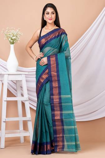 Green & Blue Floral Woven Design Pure Traditional Taant Saree Without Blouse