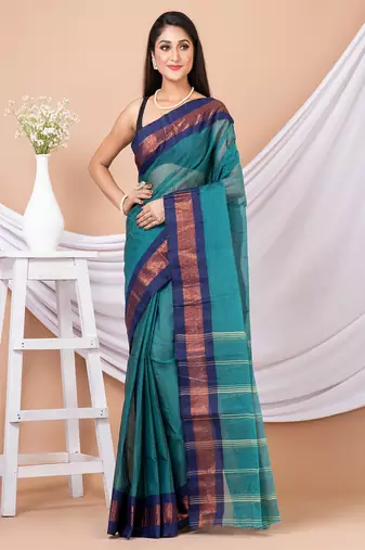 Green & Blue Floral Woven Design Pure Traditional Taant Saree Without Blouse