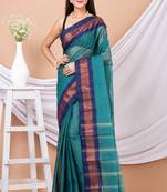 Green & Blue Floral Woven Design Pure Traditional Taant Saree Without Blouse