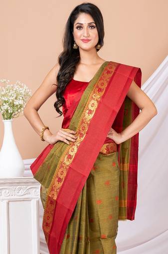 Olive Green & Maroon Floral Woven Design Pure Coton Traditional Taant Saree Without Blouse