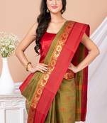 Olive Green & Maroon Floral Woven Design Pure Coton Traditional Taant Saree Without Blouse