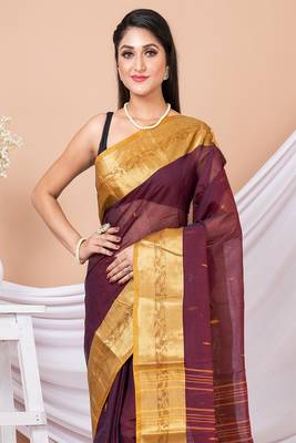 Maroon & Yellow Floral Woven Design Pure Coton Traditional Taant Saree Without Blouse 1