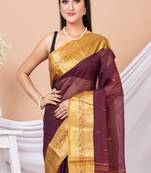 Maroon & Yellow Floral Woven Design Pure Coton Traditional Taant Saree Without Blouse
