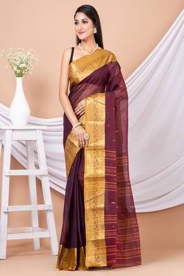 Maroon & Yellow Floral Woven Design Pure Coton Traditional Taant Saree Without Blouse 2