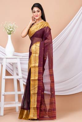 Maroon & Yellow Floral Woven Design Pure Coton Traditional Taant Saree Without Blouse 3