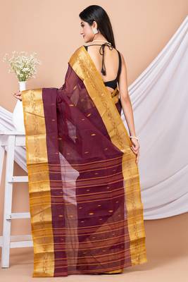 Maroon & Yellow Floral Woven Design Pure Coton Traditional Taant Saree Without Blouse 4