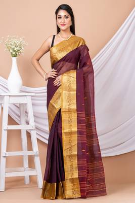Maroon & Yellow Floral Woven Design Pure Coton Traditional Taant Saree Without Blouse 5