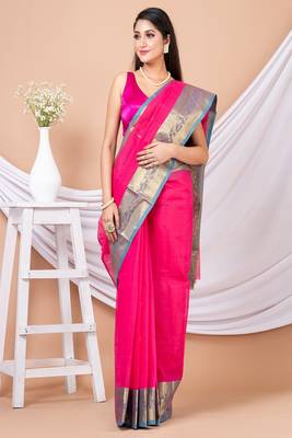 Pink & Green Floral Woven Design Pure Coton Traditional Taant Saree Without Blouse 1