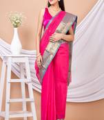 Pink & Green Floral Woven Design Pure Coton Traditional Taant Saree Without Blouse