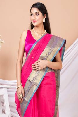 Pink & Green Floral Woven Design Pure Coton Traditional Taant Saree Without Blouse 2