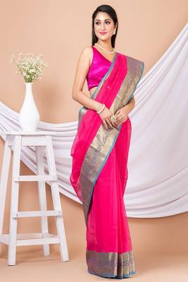 Pink & Green Floral Woven Design Pure Coton Traditional Taant Saree Without Blouse 3
