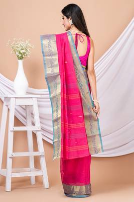 Pink & Green Floral Woven Design Pure Coton Traditional Taant Saree Without Blouse 4