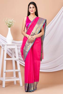 Pink & Green Floral Woven Design Pure Coton Traditional Taant Saree Without Blouse 5