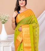 Green & Orange Floral woven design pure traditional taant saree without blouse