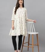 Janasya women's off white cambric cotton botanical print flared tunic