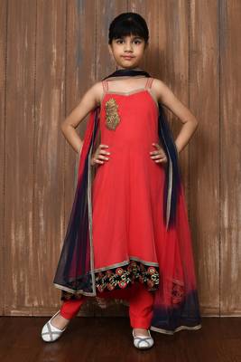 Pink embroidered net a line kids salwar suits 1