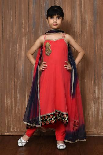 Pink embroidered net a line kids salwar suits