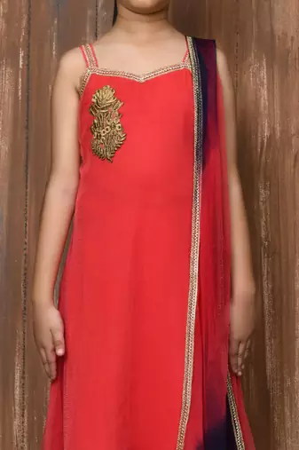 Pink embroidered net a line kids salwar suits