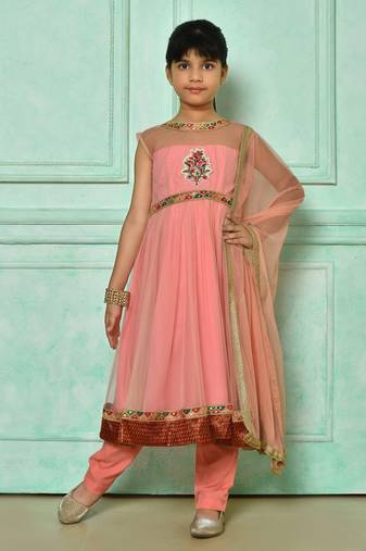 Pink embroidered net a line kids salwar suits
