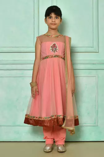 Pink embroidered net a line kids salwar suits