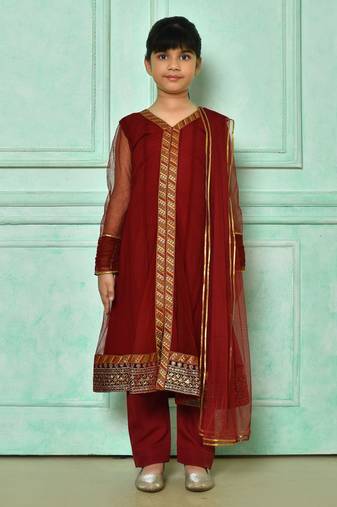 Maroon embroidered net a line kids salwar suits