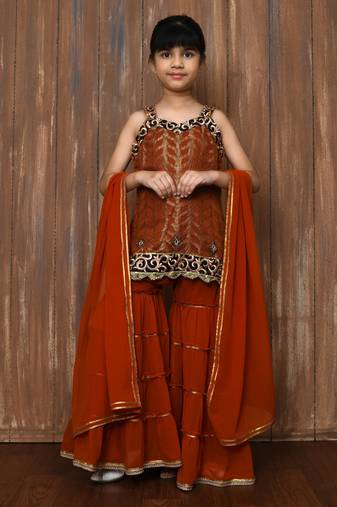 Orange embroidered brocade straight cut kids salwar suits