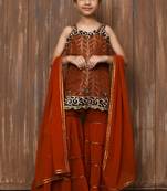 Orange embroidered brocade straight cut kids salwar suits