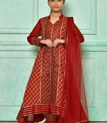 Red embroidered faux georgette asymmetrical kids salwar suits