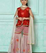 Red embroidered art silk asymmetrical kids salwar suits