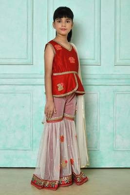 Red embroidered art silk asymmetrical kids salwar suits 3