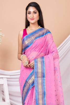 Pink & Blue Floral Woven Design Pure Coton Traditional Taant Saree Without Blouse 1