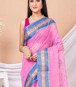 Pink & Blue Floral Woven Design Pure Coton Traditional Taant Saree Without Blouse