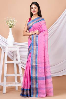 Pink & Blue Floral Woven Design Pure Coton Traditional Taant Saree Without Blouse 3