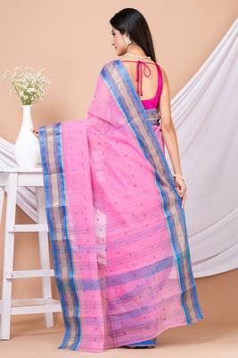 Pink & Blue Floral Woven Design Pure Coton Traditional Taant Saree Without Blouse 4