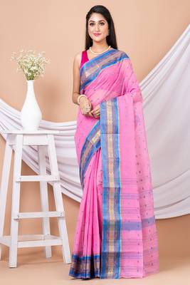 Pink & Blue Floral Woven Design Pure Coton Traditional Taant Saree Without Blouse 5
