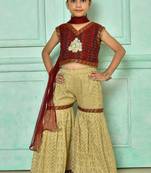Maroon embroidered banarasi silk straight cut kids salwar suits