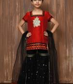 Red embroidered art silk straight cut kids salwar suits