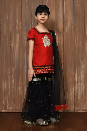Red embroidered art silk straight cut kids salwar suits