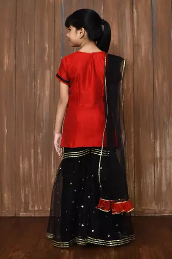 Red embroidered art silk straight cut kids salwar suits