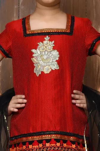 Red embroidered art silk straight cut kids salwar suits