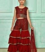 Maroon embroidered banarasi silk straight cut kids salwar suits