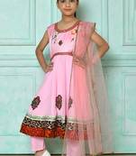 Pink embroidered satin a line kids salwar suits