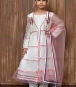 White embroidered net a line kids salwar suits