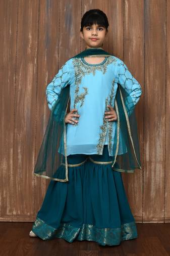 Blue embroidered faux georgette straight cut kids salwar suits