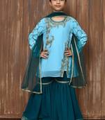 Blue embroidered faux georgette straight cut kids salwar suits