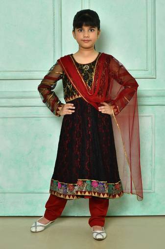 Black embroidered net a line kids salwar suits
