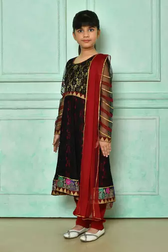 Black embroidered net a line kids salwar suits