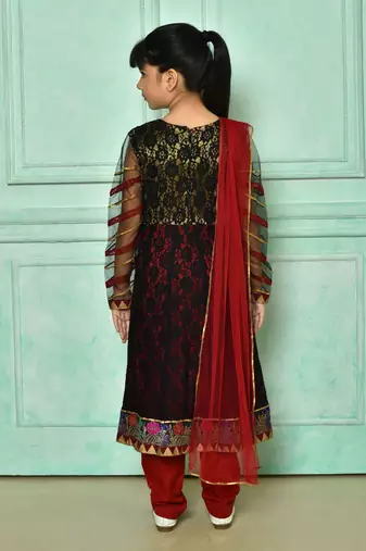 Black embroidered net a line kids salwar suits