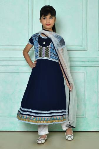 Blue embroidered faux georgette a line kids salwar suits